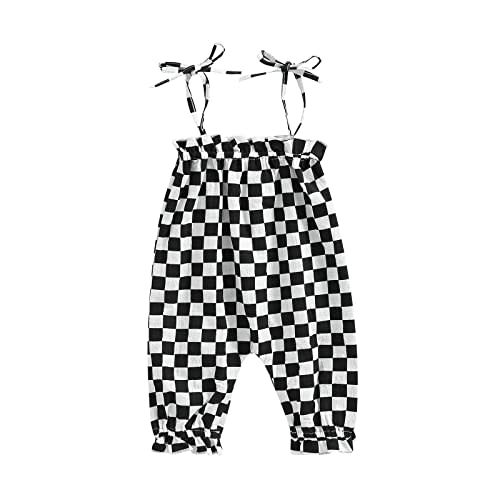 Lenjindjer Infant Baby Girls Summer Jumpsuits Checkerboard Plaid Sleeveless Tie-up Smocked Romper Overalls One Piece Outfits