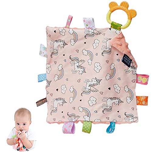 HECCEI Baby Tags Security Blankets - Baby Soothing Plush Blanket with Colorful Tags, Square Sensory Toys, 10 x 10 inches, for 3-12 Months Babies