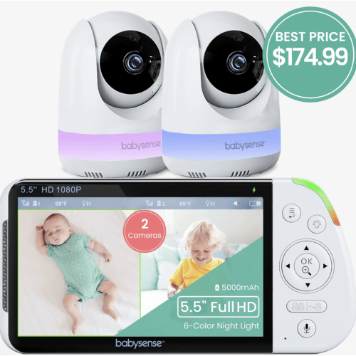 Babysense Max View: Video Baby Monitor with 2 Cameras, Split Screen, Non Wifi, Night Light & Sound Machine