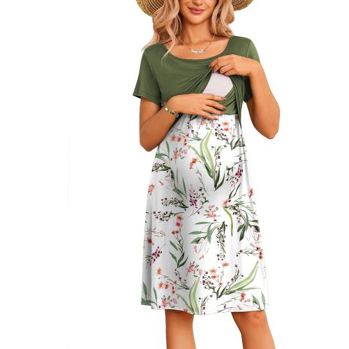 Ekouaer Women's Nursing Dress Summer Short Sleeve Patchwork Maternity Breastfeeding Knee Length Dress