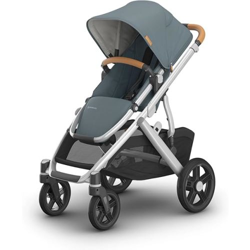 UPPAbaby Vista V3 Stroller - Full-Size Single-to-Double Stroller System - Toddler Seat, Bug Shield, Rain Shield, and Storage Bag Included - Callum (Stone Blue/Silver Frame/Sand Leather)