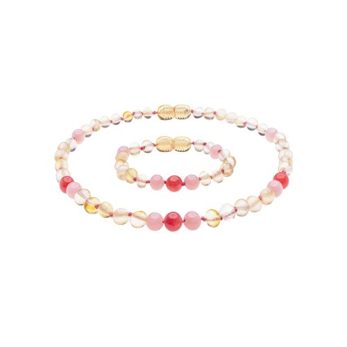 Genuine Amber Necklace and Bracelet from Baltic Sea Made with Polished Lemon Pink and Red Jade 34 cm (13.4 & 5.9 Inches)