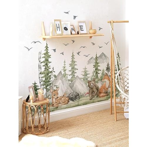 Giant Woodland Jungle Animal Wall Stickers - Forest Tree Deer Bear Mountain Landscape Decals Peel&Stick Removable Art Mural for Kid Nursery Bedroom Living Room Playroom,96 cm x 150 cm