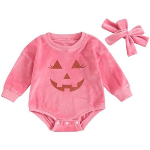 Baby Girl Halloween Outfit Pumpkin Print Velvet Long Sleeve Sweatshirt Romper Bodysuit Headband Infant Fall Clothes