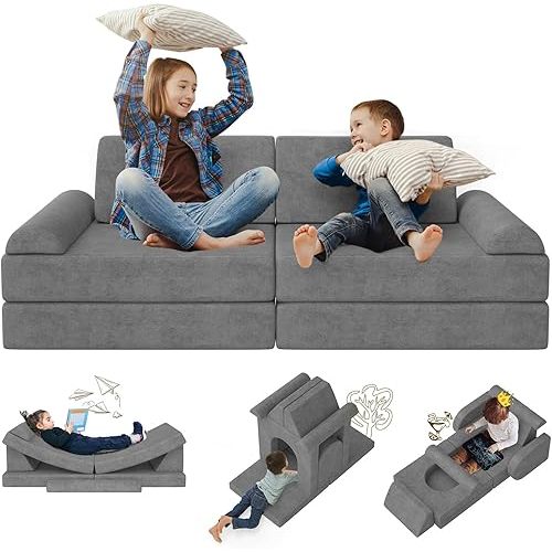 Modular Kids Play Couch 10PCS – Convertible Kids Sofa & Toddler Play Couch with DIY Foam Pieces for Imaginative Play, Climbing & Relaxation for Playroom, Bedroom, Nursery & Living Room