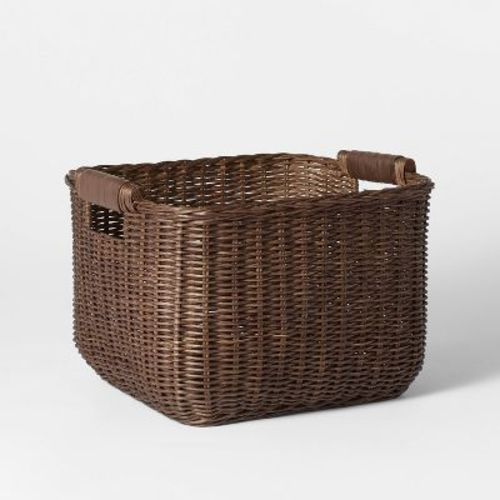 Cube Rattan Decorative Basket With Leather Handles Dark Brown - Threshold™ Designed With Studio Mcgee: Fsc Certified, Square Storage