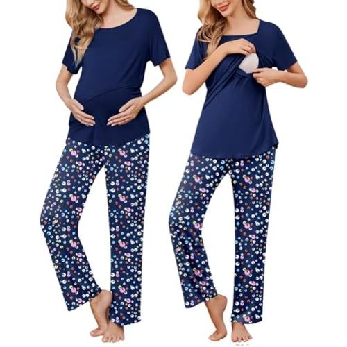 Ekouaer Women's Nursing Pajamas Maternity Pajama Postpartum PJS Breastfeeding Short Sleeve Top & Pants Sets with Pockets