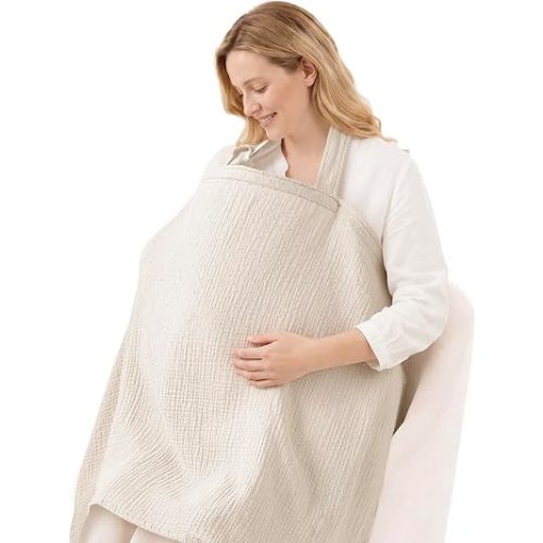 Blissful Diary Muslin Nursing Cover for Breastfeeding, Breathable Breastfeeding Cover up with Arch Neckline for Women, Nursing Apron (Dotted Cream)