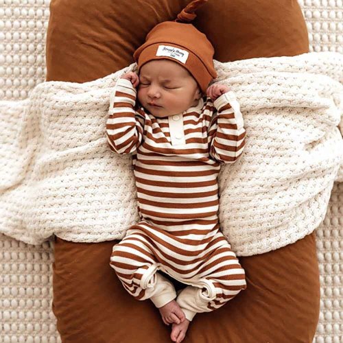 Biscuit Stripe Organic Baby Growsuit | Snuggle Hunny