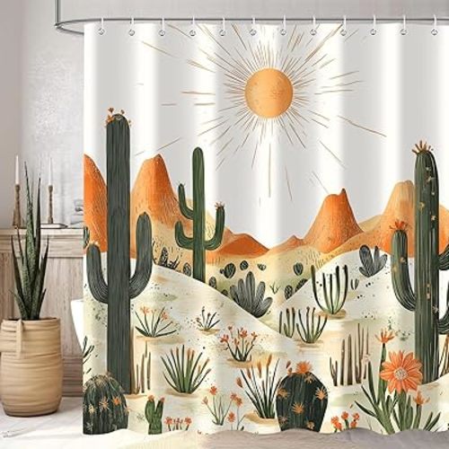 Western Cactus Shower Curtain, Tropical Desert Cactus Plant Southwest Shower Curtains Set with 12 Hooks, Waterproof Polyester Fabric Bathroom Curtain Decor with 12 Hooks, 72x72 Inch