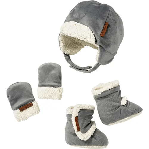 JJ Cole Graphite Gray Winter Baby Hat, Mittens, Booties Set - Infant to 6 Months, Sherpa Lined, Adjustable - Unisex Babies Essentials