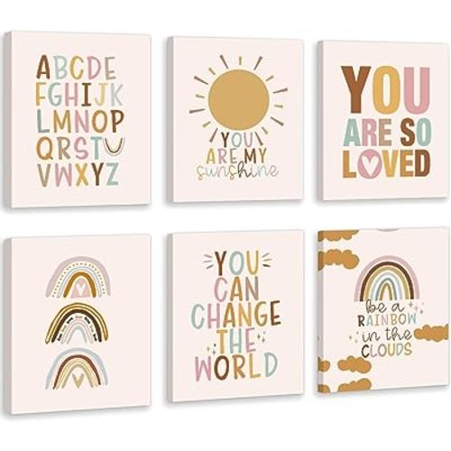 CHDITB Nursery Wall Art, You Are My Sunshine Rainbow Canvas Framed Posters, Set Of 6(12”X16”) Colorful Alphabet Classroom Artwork Boho Weather Kids Art Prints Wall Decor For Girls Room Boy Bedroom