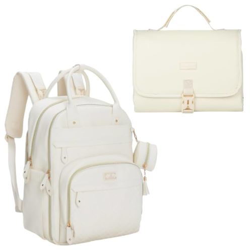 BabbleRoo Vegan Leather Portable Changing Pad Eggshell White & Basic Diaper Bag Eggshell White