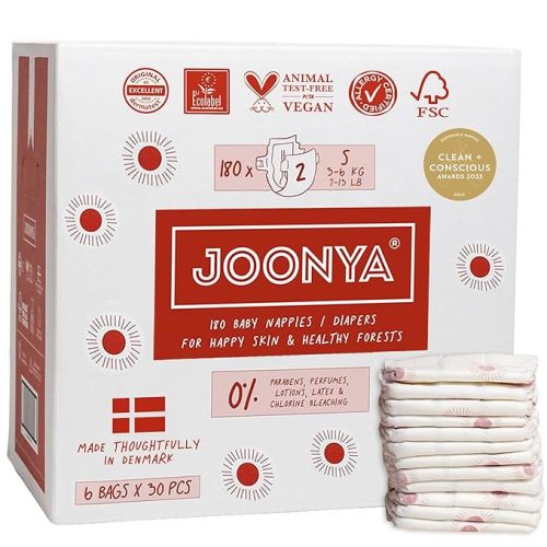 Joonya Baby Diapers, Size 2 S (7-13 lb) - 1 Bag of 30 - Non Toxic, Eco-Friendly, High Absorbency, Overnight Use, Ultra Slim & Soft - Made in Denmark