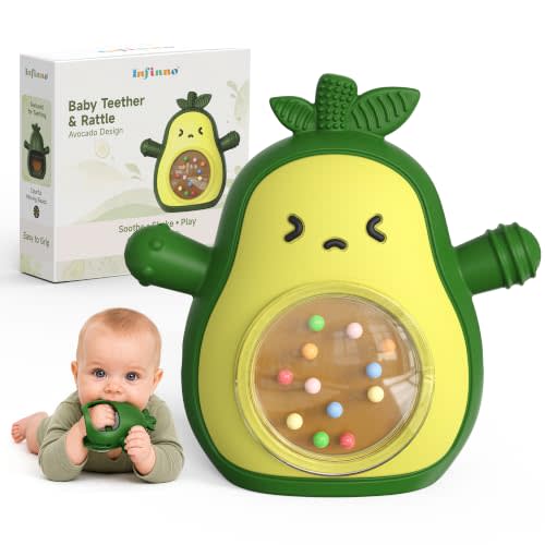 Infinno Baby Teether 3-12 Months, Avocado Silicone Rattle Toy | Anti-drop mitt grip, BPA-free silicone teether with rattle and multi-texture gum relief, great baby gift