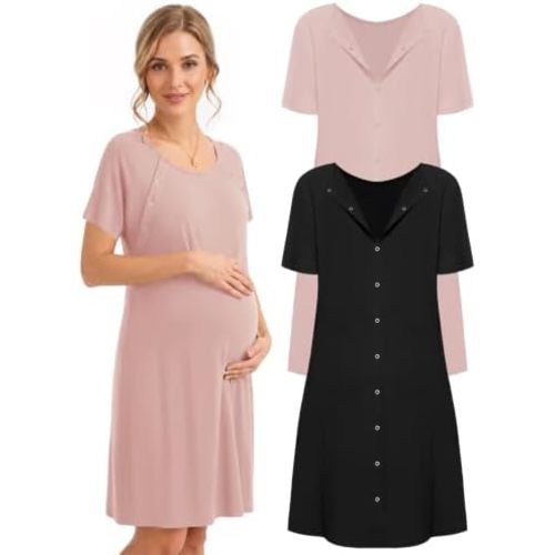 Ekouaer 2 Pack Labor and Delivery Gown 3 in 1 Maternity Nursing Hospital Nightgown Short Sleeve Breastfeeding Gowns