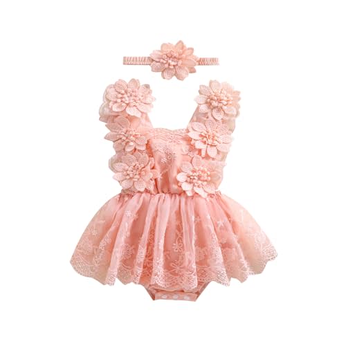 Covvoliy Newborn Baby Girl Romper Dress Lace Floral Sleeveless Tulle Dress with Headband Infant Summer Mesh Jumpsuits