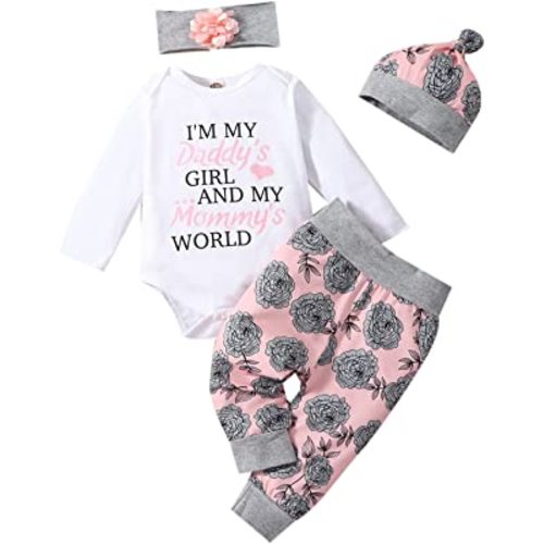 Newborn infants Baby Girl Clothes Outfits Romper Ruffle Long Sleeve Floral Pants Cute Baby Girl Clothes Spring Set 4PCS