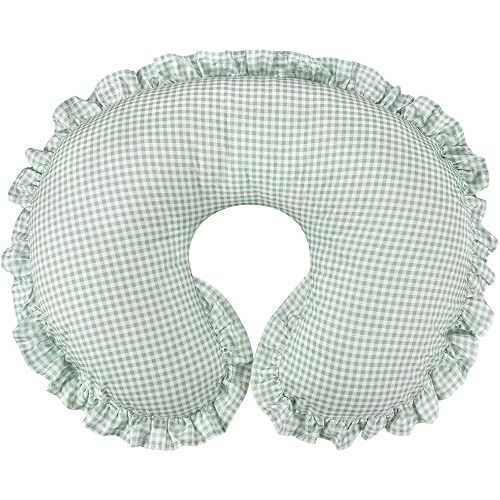 DILIMI Cotton Nursing Pillow Cover, Removable Ruffled Pillowcase for Breastfeeding Pillows, Ultra Soft Comfortable Slipcover for Baby Girl and Boy, Green Gingham