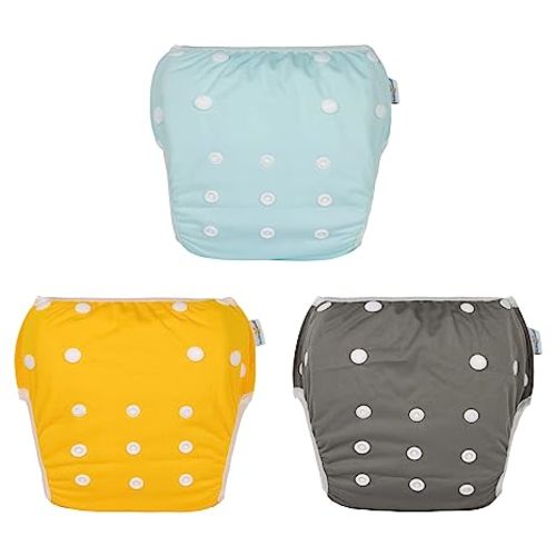 Babygoal Neutral Baby Swim Diapers 3 Pack for 0-8 Months Infant Girls and Boys, Reusable Adjustable Washable for Swimming Lessons-Blue,Yellow,Grey
