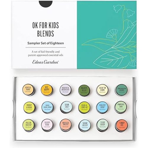 Edens Garden OK For Kids Essential Oils Sampler 18 Set – 100% Pure Therapeutic Grade, Aromatherapy Scents for Gentle Skin Care, Diffusers & Home – Natural, Undiluted & Family Friendly, .92 ml/ 18 Pack