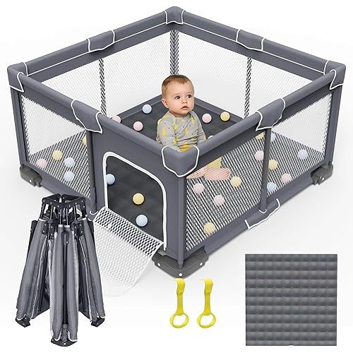 Foldable Baby Playpen with Mat, Foldable Playpen for Babies and Toddlers, Folding Baby Activity Center, Portable Play Yard with 2 Handlers + Suitable Size Mat(Grey, 50x50 inches)