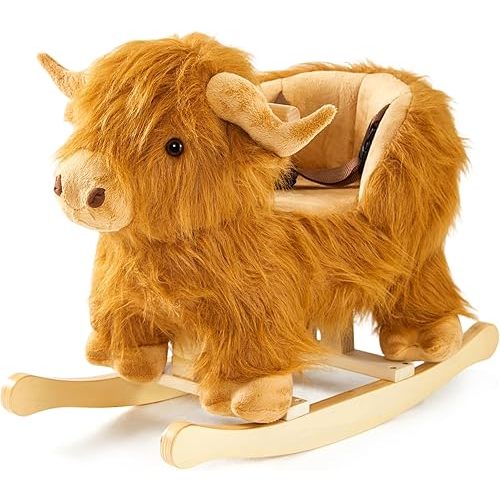 Baby Rocking Horse,Highlander Cattle Wooden Rocking Horse for Toddlers 1 Year Old Cute Cow Stuffed Plush Ride-on Toy Rocking Animal for Baby Boys and Girls Nursery/Child Christmas or Birthday Gift