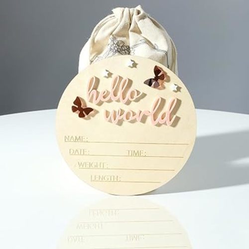 Ylsteed Baby Announcement Sign - Welcome Newborn Boy & Girl: 'Hello World' Name Sign, Wooden, Birth Announcement, Photography Props, Shower, Nursery