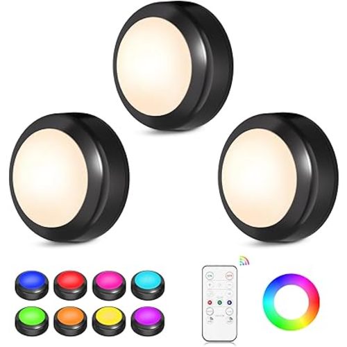 LED Puck Lights with Remote Control, 16 Color Changing Under Cabinet Lighting with Dimmer & Timer, AAA Battery Operated,Under for Closet Bedroom Kitchen, Stai (3 Pack Black)