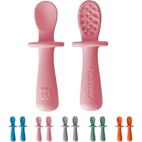 TalkTools ITSY - Cucharas pequeñas de silicona, paquete doble, cucharas de entrenamiento de silicona suave para niños y niños pequeños, protector de brida antiasfixia y mango antideslizante (goma de
