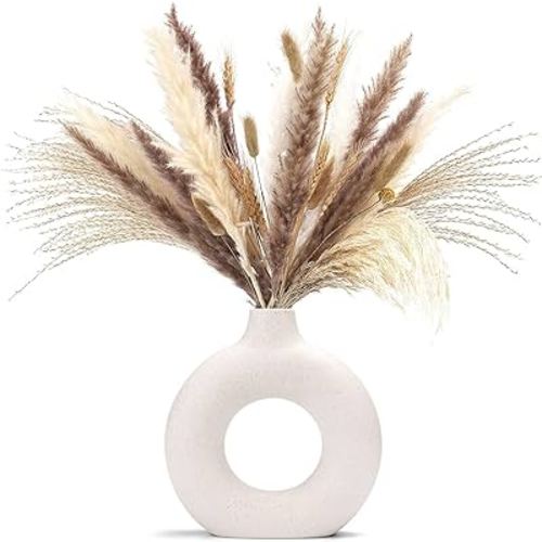 CEMABT White Donut Vase Hollow Ceramic Vase for Flowers Handmade Minimalist Boho ins Style Modern Home Decor for Wedding Dinner Table Party Living Room Office Bedroom(M)