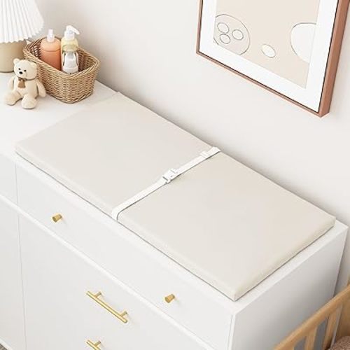 Wipeable Baby Changing Pad for Dresser and Table, Cozy Diaper Changing Pad with Waterproof & Wipe-Clean Leather Cover, Standard Size (31.5" L x 15.8" W), Off-White