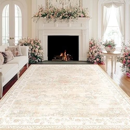 Area Rug 5x7, Vintage Floral Distress Print Pattern, Washable Non-Slip Low-Pile Indoor Carpet for Bedroom, Living Room, Dining Room & Entryway, Cream Coffee Aqua Blue Red