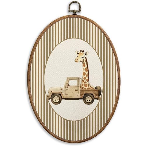 SONMYSULIL Vintage Car Giraffe Nursery Wall Art Decor, Animal Nursery Oval Wall Hanging Decor, Giraffe Drive Car Framed Canvas Prints for Kids Toddler Boys Room Bedroom Playroom, 8.6x11.4 Inch