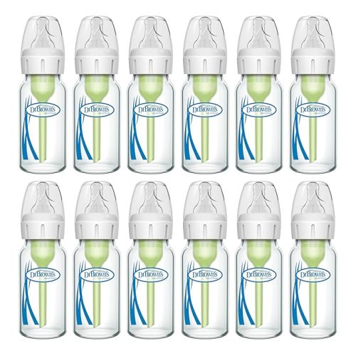 Dr. Brown's Anti-Colic Options+ Narrow Glass Baby Bottle with Level 1 Slow Flow Nipple, BPA-Free, 4 oz/120mL, 12-Pack