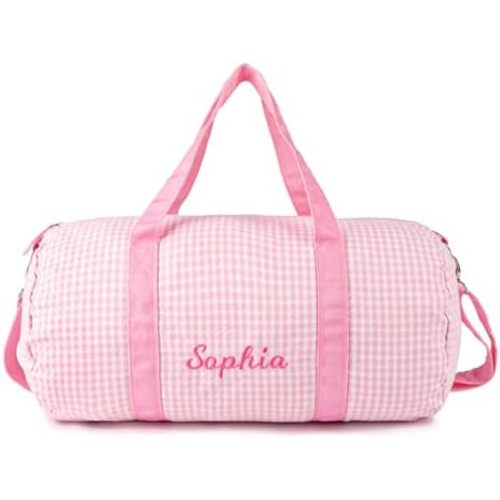 MT WORLD Girls Dance Bag Personalized Duffle Bags for Kids Monogram Seersucker Toddler Overnight Bag Travel Weekender Sleepover Bag with Removable Strap Custom Child Gift (Pink)