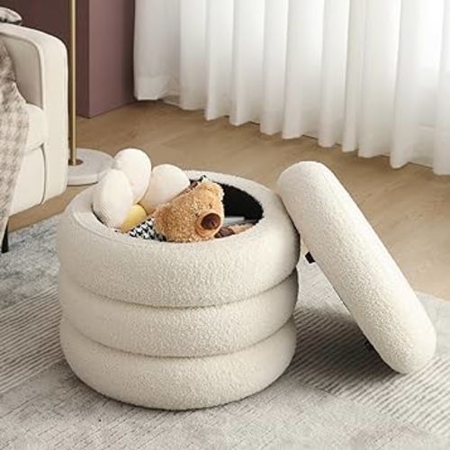 ONEVOG Boucle Storage Ottoman, Round Foot Rest Stool Seat for Living Room, Off-White Vanity Foot Ottoman Pouf, Soft Tufted Footstool Seat with Removable Lid for Entry Table, Makeup, Girl Gifts