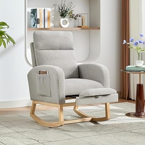 Modern Nursery Rocking Chair with Footrest,Teddy Upholstered Rocking Chair Comfortable Rocker Recliner with Side Pocket,Rocker Glider for Nursery,Grey