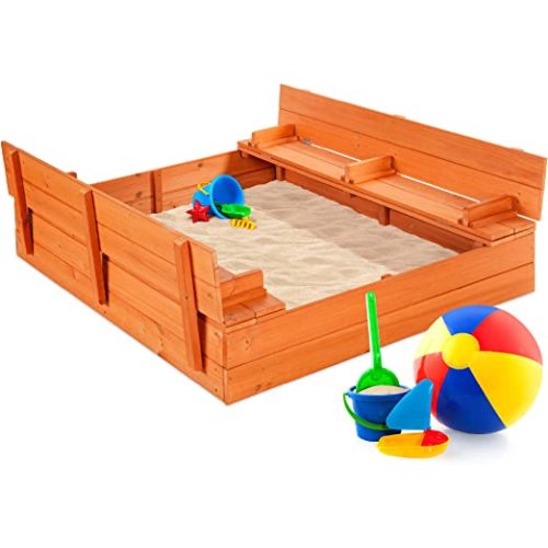 Best Choice Products 47x47in Kids Large Wooden Sandbox for Backyard, Outdoor Play w/ Cedar Wood, 2 Foldable Bench Seats, Sand Protection, Bottom Liner - Brown