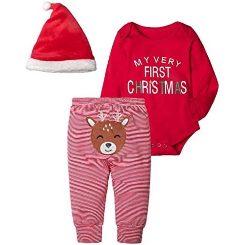 Christmas Outfits Baby Girls Boys My First Christmas Rompers Onesie + Stripe Deer Print Pants + Christmas Hat