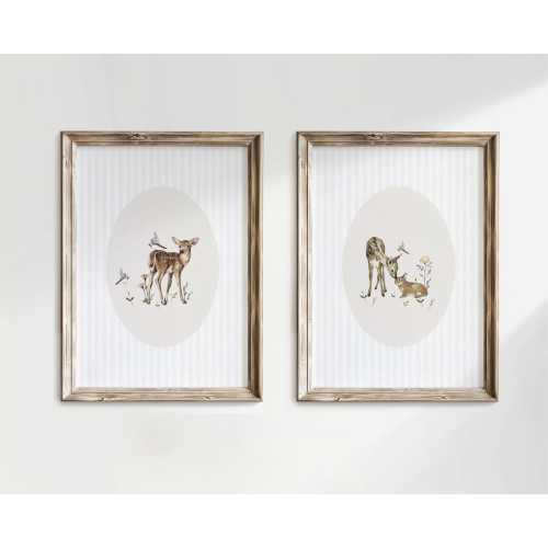 PRINTED Vintage Fawn Bunny Nursery Wall Art, Cottagecore nursery, Deer woodland print, Baby girl room decor, Shower gift, Set of 2