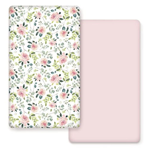 Stretchy Ultra Soft Jersey Knit Fitted Crib Sheets Set 2 Pack, Cozy Crib Sheet Girl Fits All Standard Crib Mattress Pads, Beautiful Pink Rose Print
