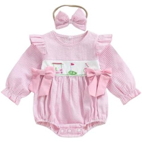 Baby Girl Fall Clothes Newborn Golf Embroidery Long Sleeve Smocked Bubble Romper Onesie Bodysuit Cute Golf Outfit