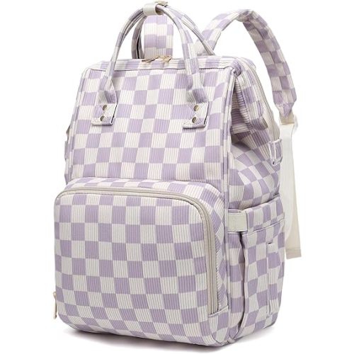 Baby Diaper Bag Backpack for Mom, Large Capacity Travel Nappy Bag for Boys & Girls with Stroller Straps (Corduroy Checkered Purple)