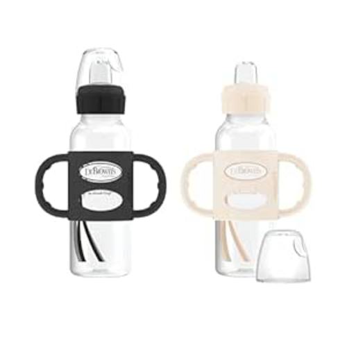 Dr. Brown's Milestones Narrow Sippy Spout Bottle with 100% Silicone Handles, Easy-Grip Handles with Soft Sippy Spout, 8oz/250mL, Black & Ecru, 2 Count (Pack of 1), 6m+ - 2 Pack, Black & Ecru