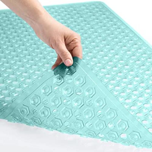 GORILLA Grip Patented Bath Tub Shower Mat, Machine Washable Bathtub Floor Liner Mats, Suction Cups and Drain Holes to Keep Tubs Clean, Soft on Feet, Bathroom Essentials, 35x16 Inch, Clear Green