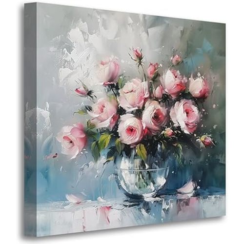 Acocifi Pink Rose Canvas Wall Art Flowers Picture Bathroom Wall Decoration, Abstarct Blossom Rustic Florals Painting Textured Artwork Framed for Living Room Bedroom Kitchen Office Home Decor 14"x14"