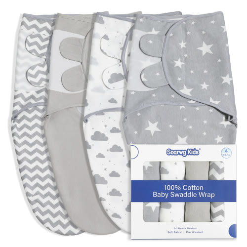 Gllquen Baby Organic Cotton Swaddle Blankets 4-Pack, Velcro Preemie Wrappers, 0-3 Months, Grey