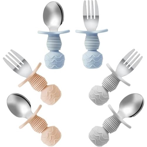 PandaEar 6 Pack Stainless Steel Toddler Spoons and Fork Feeding Set - Anti-Choke First Self Feeding Utensils for Kids Baby Boys Led Weaning Ages 18 Months+ (Blue/Grey/Peach)