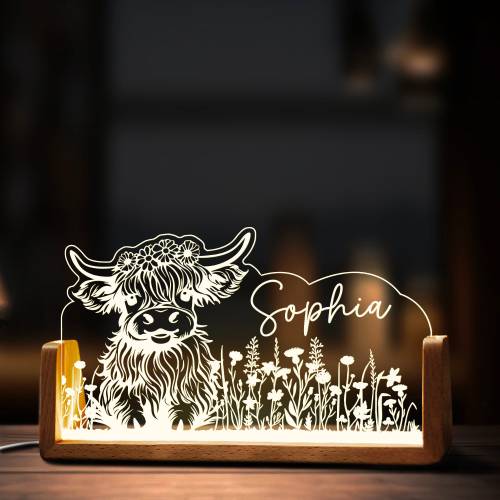 Custom Cute Baby Highland Cow Nursery Night Light, Personalized Farmhouse Bedroom Room Decor LED Cloud Lamp Wooden Base Wood Name Girl Gift